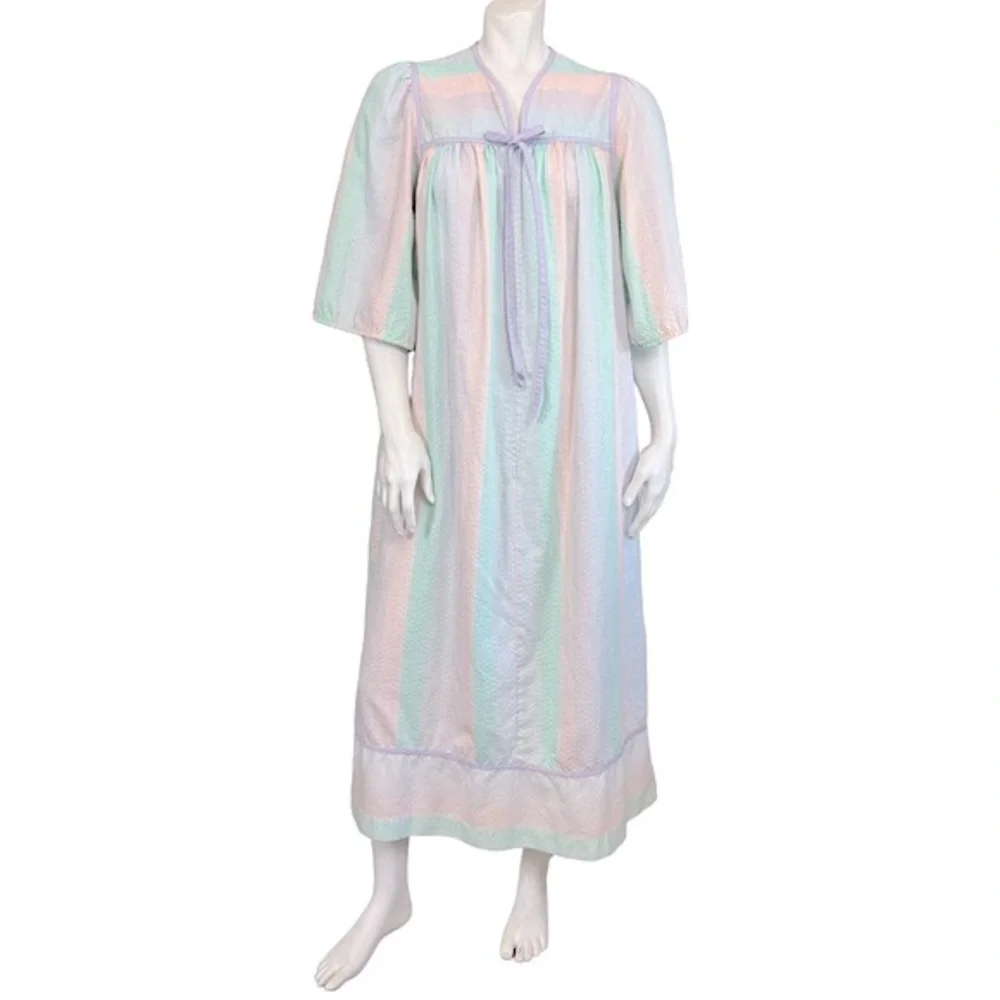 VINTAGE Komar Pastel Pink Green Purple Striped Cotton Midi Mumu Housedress - Picture 1 of 8